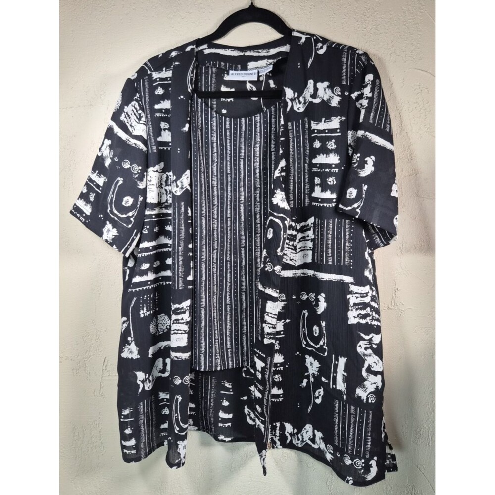 Alfred Dunner Womens 14 Black Short Sleeve Blouse Vintage Shoulder Pads Layered
